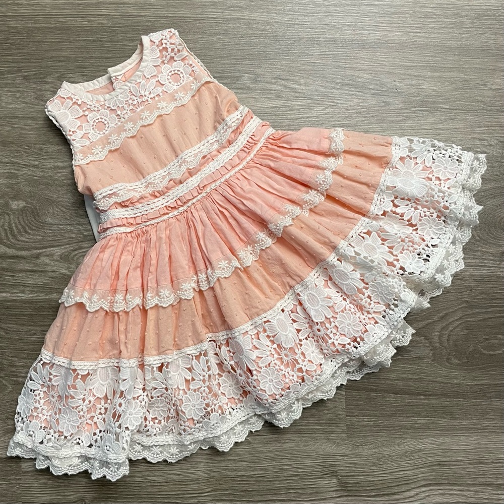 Marita Rial Peach with White Eyelet and Lace Trim Dress Girls Size 5